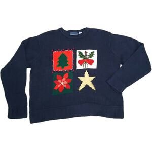 Vtg Liz Claiborne Lizsport Women’s‎ M Christmas Sweater Navy Holiday Cotton